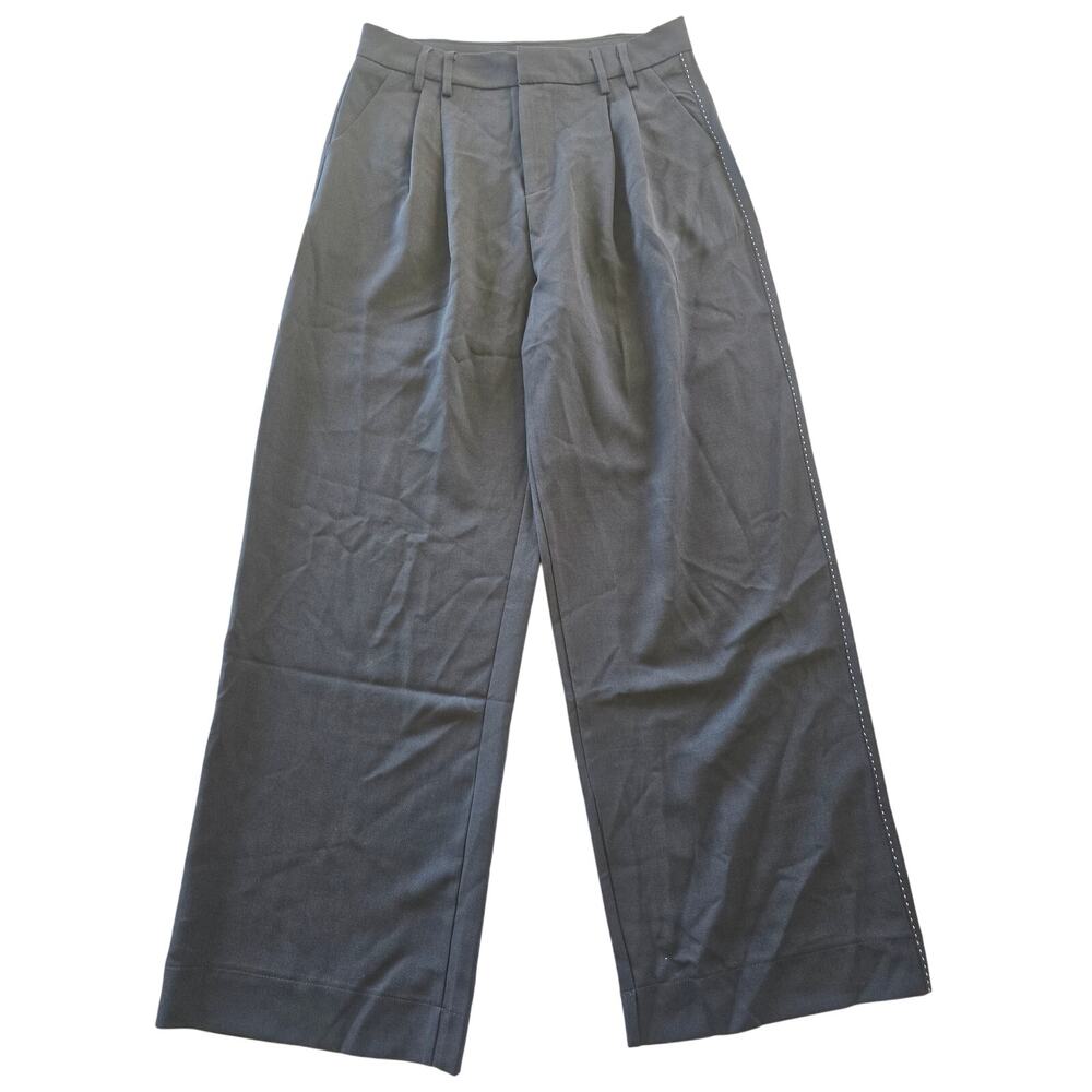 NWT Beulah Black Pleated Pants Size M White Stitch Pant Leg Wide Leg High Rise